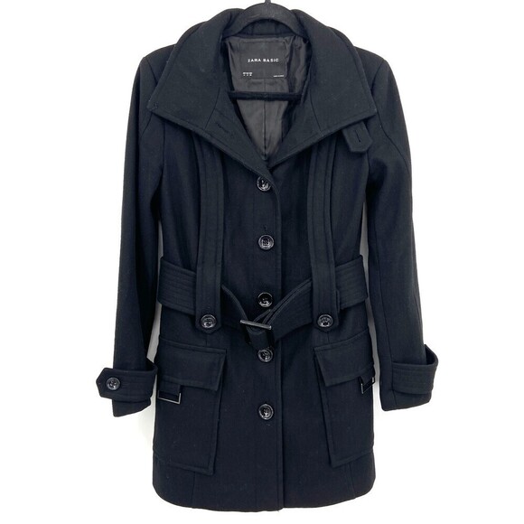 Zara Jackets & Blazers - ZARA Black Wool Button Up Belted Outdoor Winter Pea Coat Size Medium